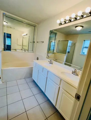 a bathroom with a tub sink and mirror