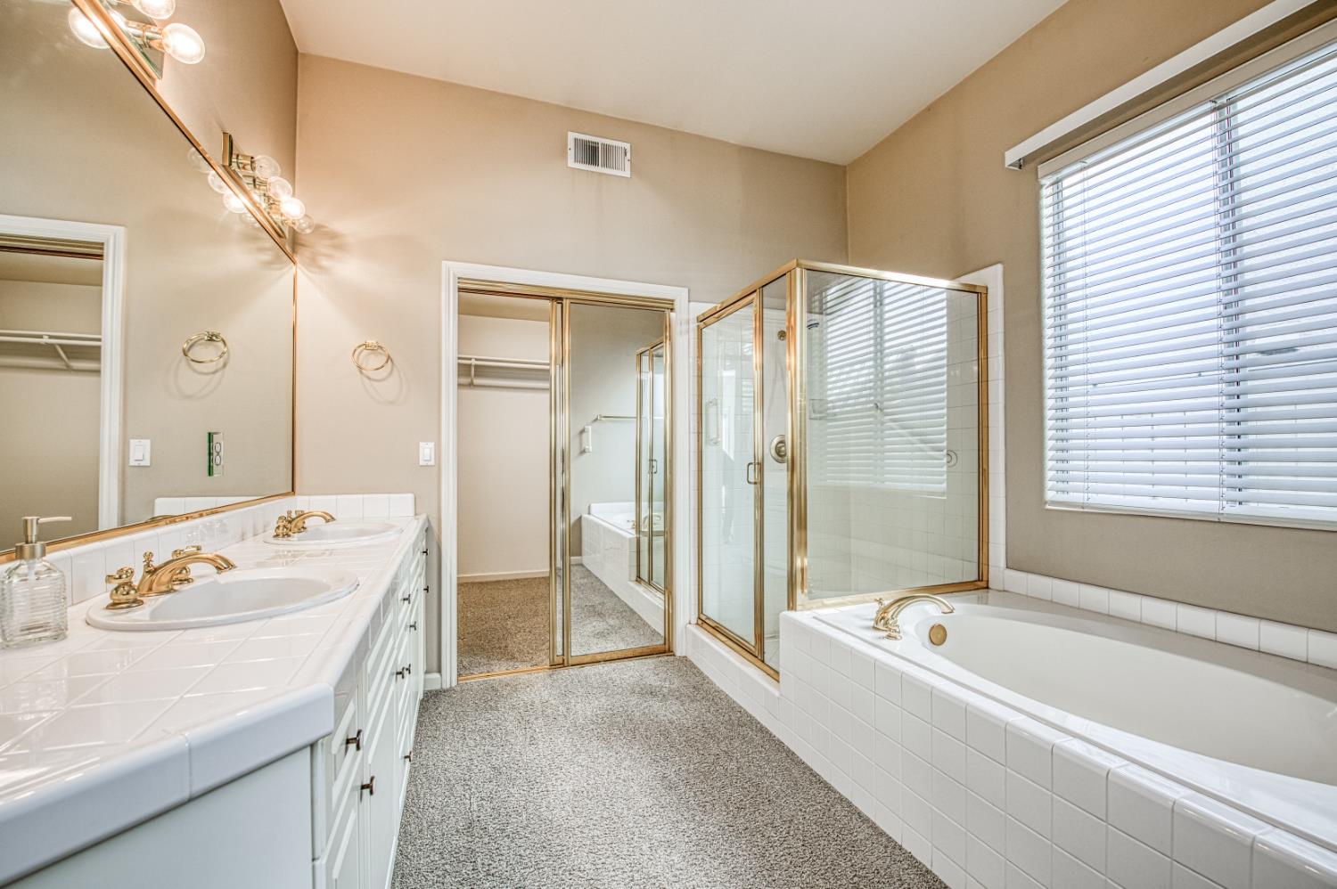 2140 West Rue St Michel Fresno, CA 93711 - Photo 34 of 36 a bathroom with a tub a sink and a large mirror
