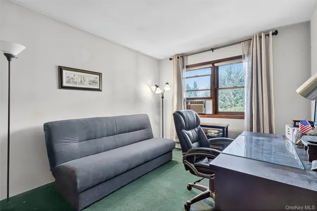 a view of a livingroom with workspace and a couch