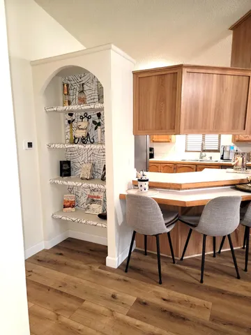 a view of a dining room with furniture