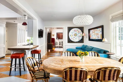 a view of a dining room with furniture and a large window