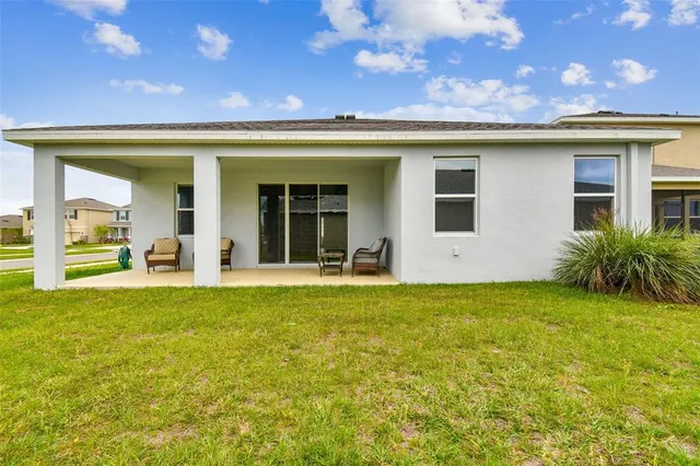 a garden view with a seating space