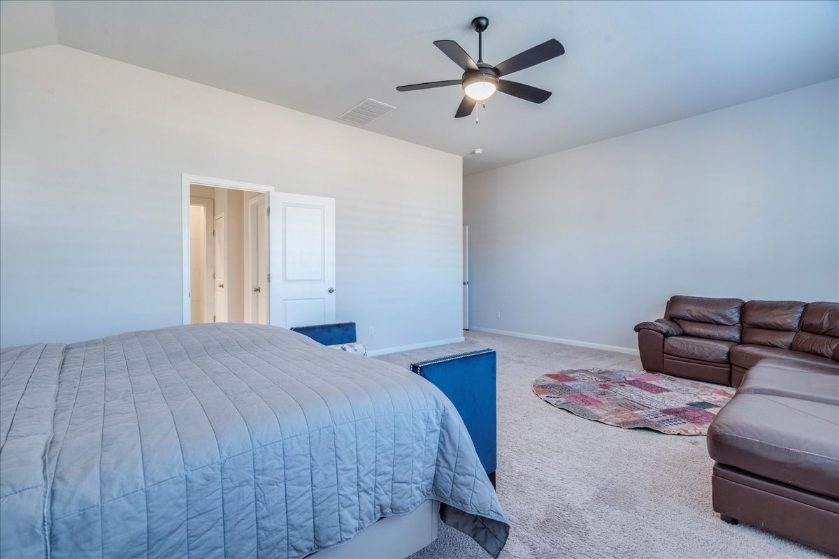 200 Christi Court Kyle, TX 78640 - Photo 17 of 40 Carpeted bedroom featuring a ceiling fan and vaulted ceiling