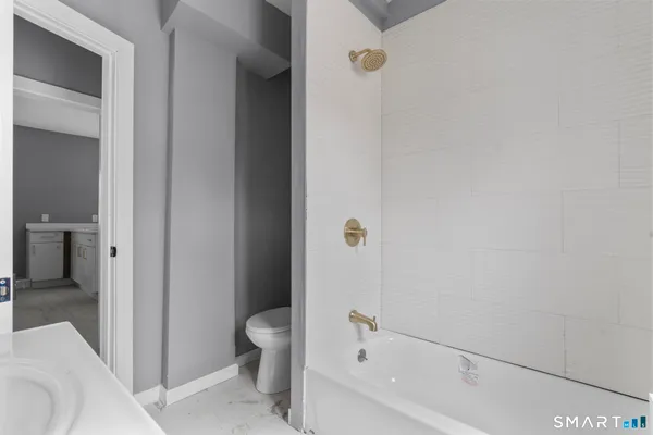 a bathroom with a bathtub and a toilet