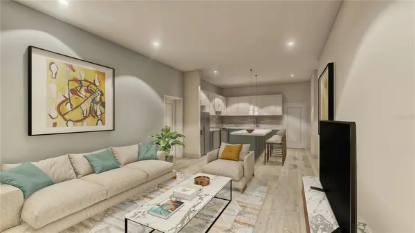 a living room with furniture and a painting