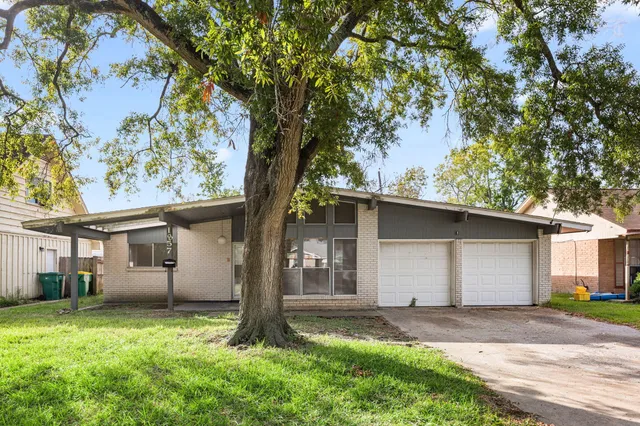 a backyard of a house with plants and large tree