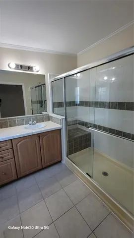 a bathroom with a sink a mirror and a shower