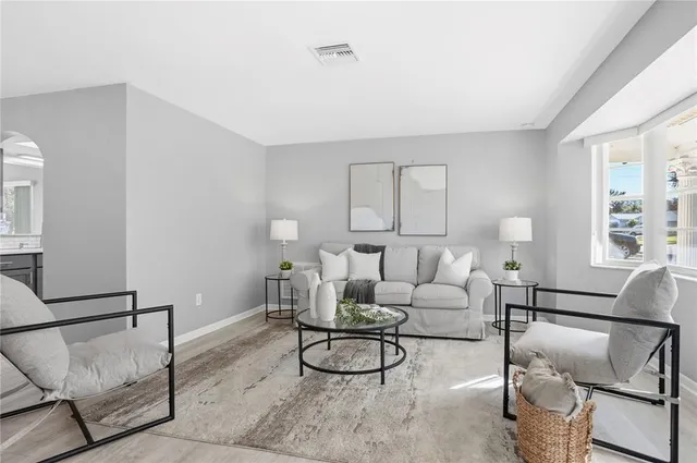 a living room with furniture and a potted plant