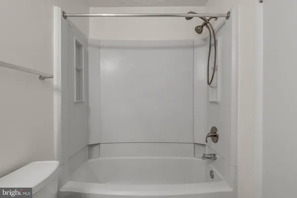 a bathroom with a shower and a toilet