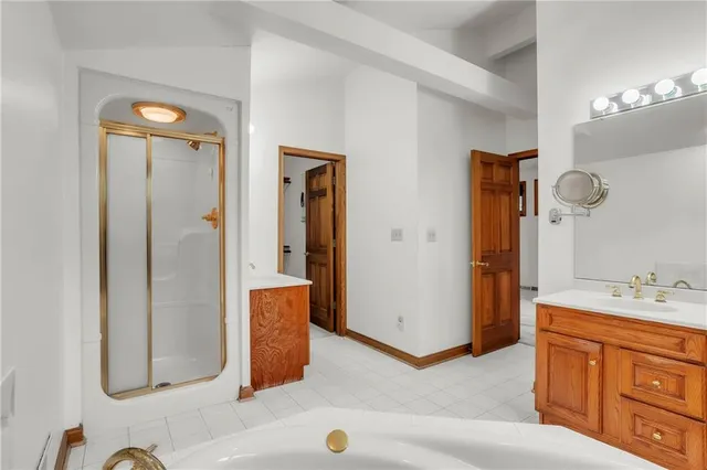 a bathroom with a sink a mirror and a shower