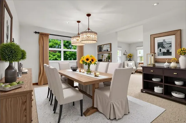 a view of a dining room with furniture window and outside view