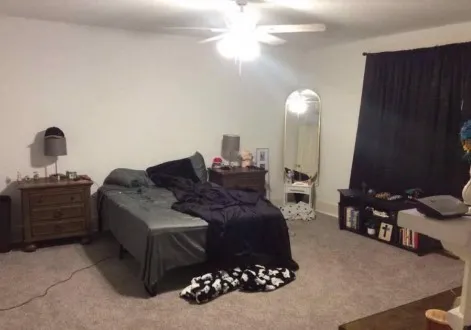 a room with a bed and furniture