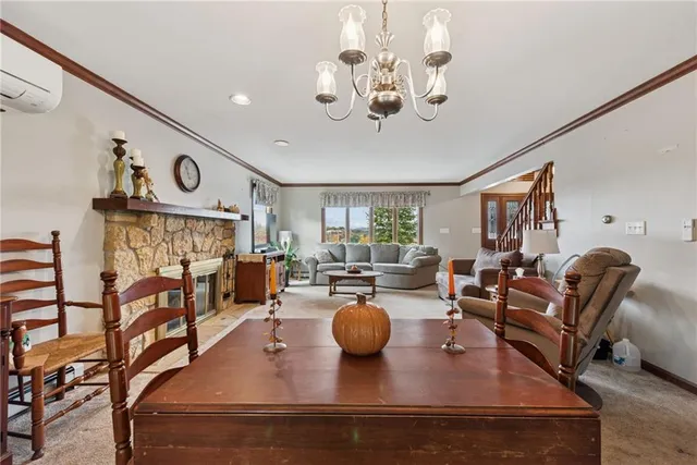 a view of a dining room with furniture