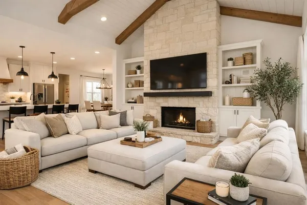 a living room with furniture a flat screen tv and a fireplace