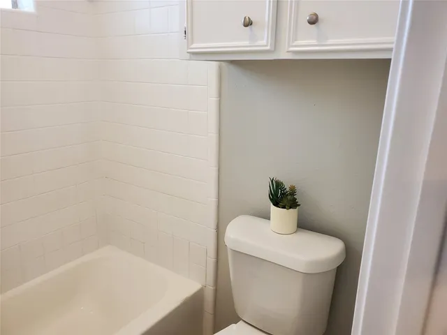 a bathroom with a bathtub and a toilet