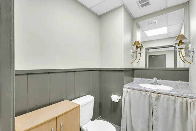 a bathroom with a toilet a sink and mirror