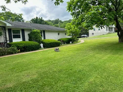 a view of a house with a big yard and large trees