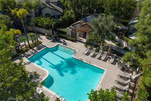 an aerial view of a house with a garden