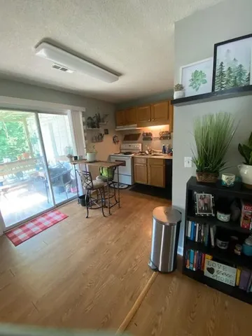 a view of a livingroom with furniture and a potted plant