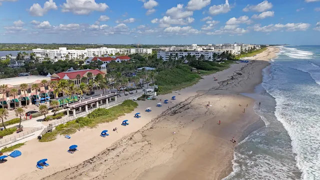 an aerial view of a house with a garden