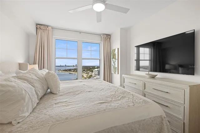 a bedroom with a large bed and a flat screen tv