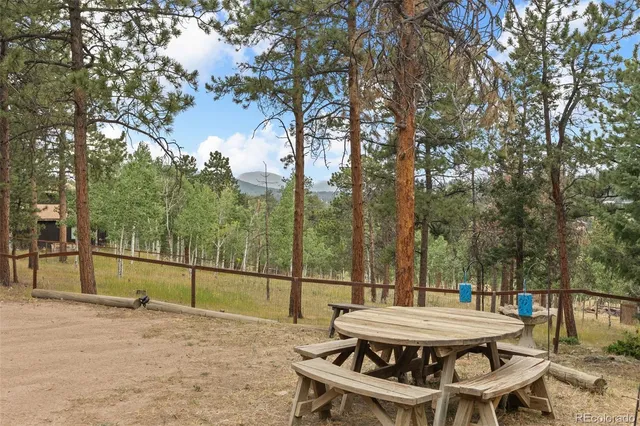 a backyard of a house with table and chairs