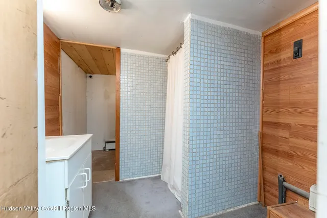 a bathroom with a sink and a shower