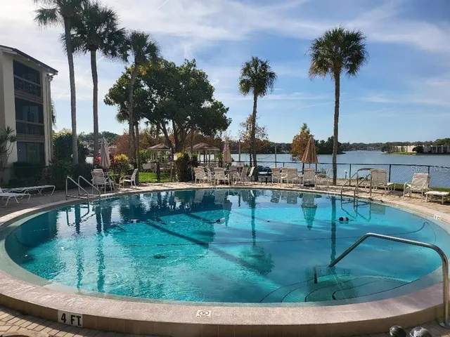 a view of swimming pool with lawn chairs and plants