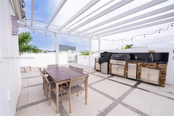 a kitchen with a table chairs and a stove