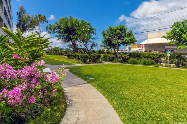 a view of a house with a big yard and potted plants