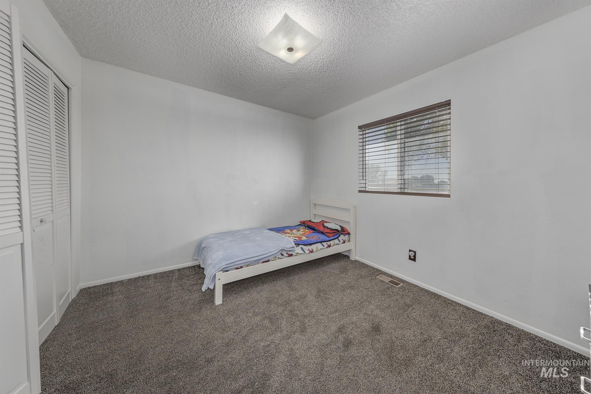 710 North 5th Street Nyssa, OR 97913 - Photo 16 of 36 Bedroom featuring a textured ceiling, carpet flooring, and a closet