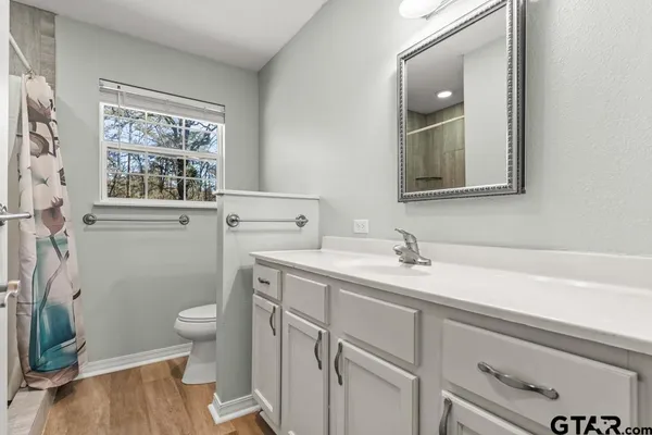 a bathroom with a sink a toilet and a mirror
