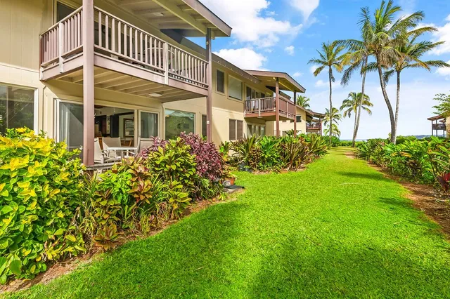 a view of a house with a yard and potted plants