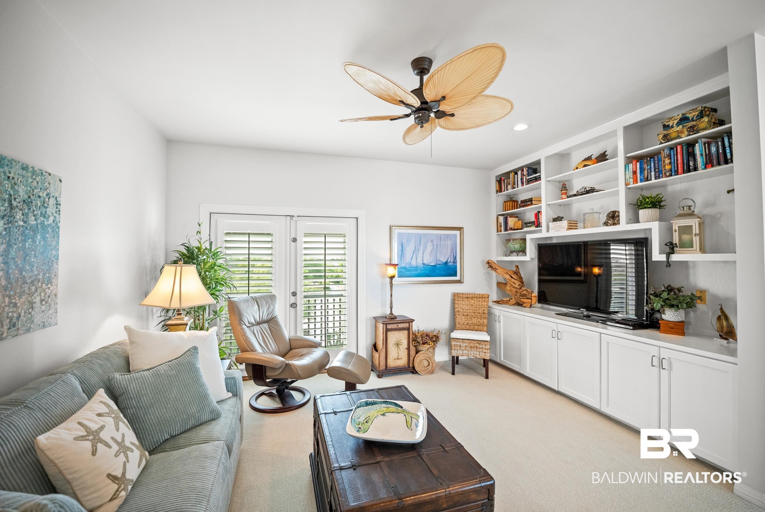 30954 River Road Orange Beach, AL 36561 - Photo 38 of 59 Living area with ceiling fan, light carpet, and recessed lighting