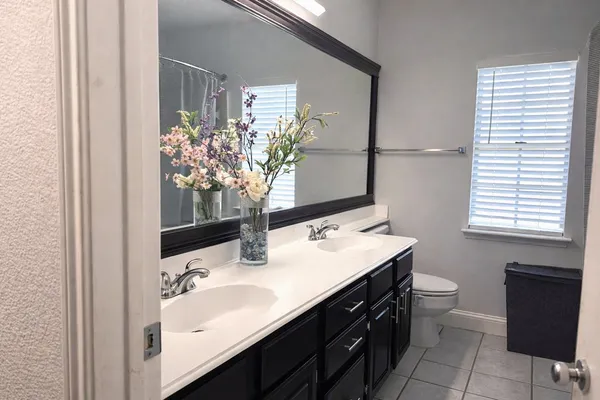 a bathroom with a sink double vanity and a mirror