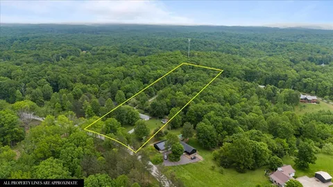 an aerial view of residential house with outdoor space and trees all around