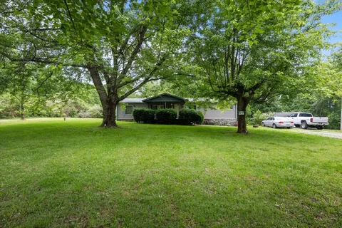 a backyard of a house with large trees and plants