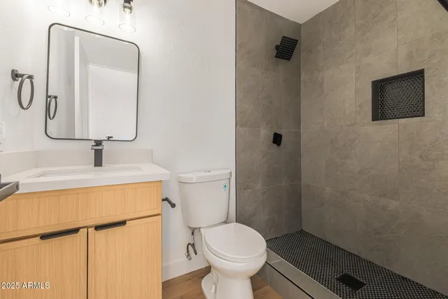 a bathroom with a toilet sink and mirror