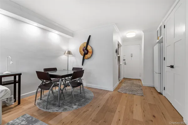 a view of a dining room with furniture