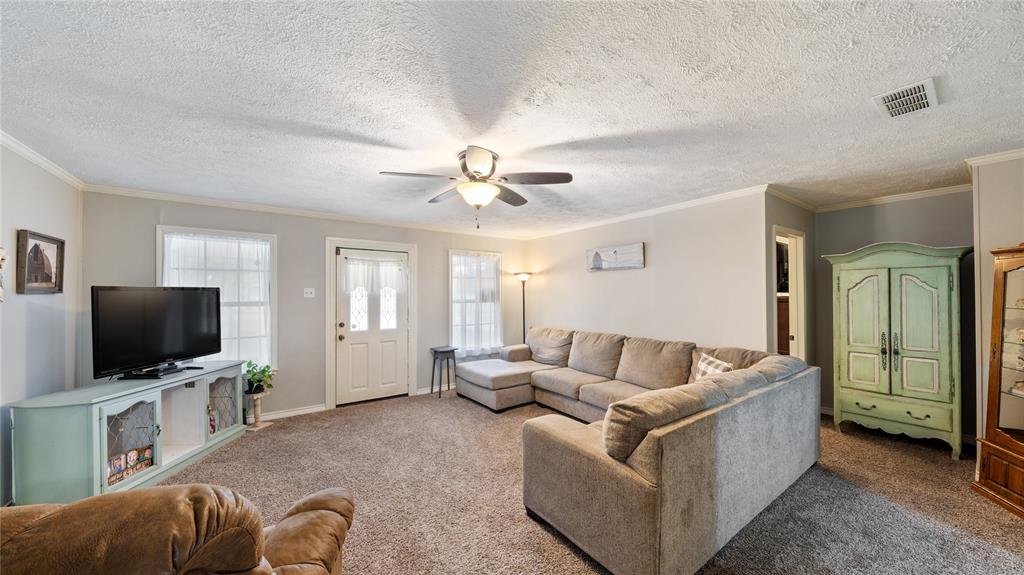 14260 North 3rd Street Scurry, TX 75158 - Photo 2 of 13 Living room with carpet floors, a textured ceiling, crown molding, and a ceiling fan