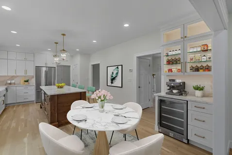 a view of a dining room with furniture