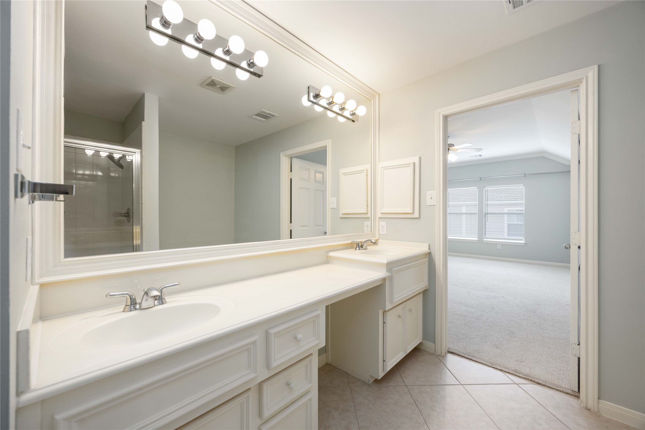 2909 West Dallas Street Houston, TX 77019 - Photo 35 of 39 a spacious bathroom with a sink a large mirror and a shower