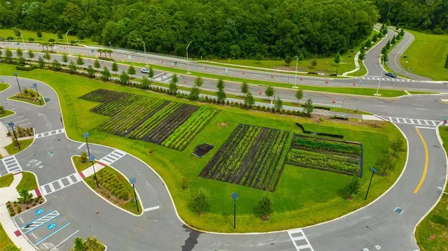 an aerial view of a house with a garden and trees