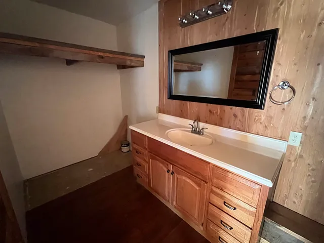 a bathroom with a sink a vanity and a mirror