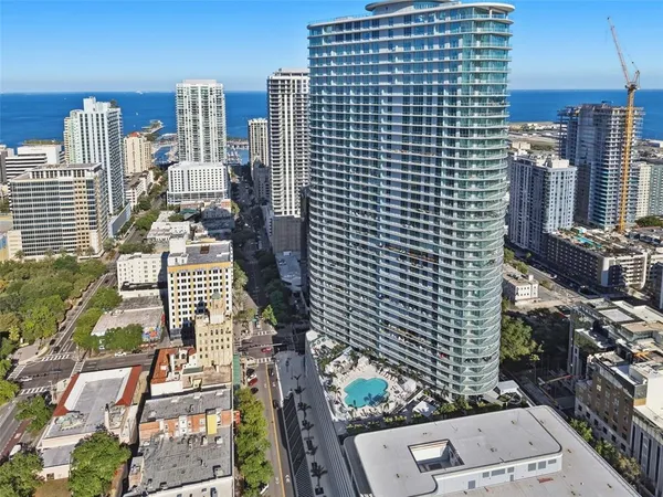 a view of a city with tall buildings
