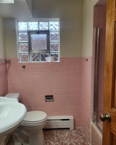 a bathroom with a toilet a sink and a mirror