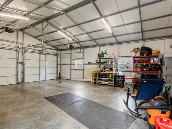a view of a garage with storage