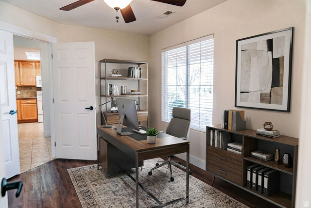 1825 West Mathis Park Place, Unit 40 St. George, UT 84770 - Photo 10 of 28 Home office with a ceiling fan and dark wood-type flooring