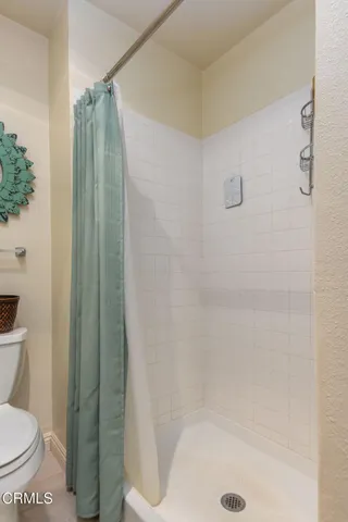 a bathroom with a shower and a toilet
