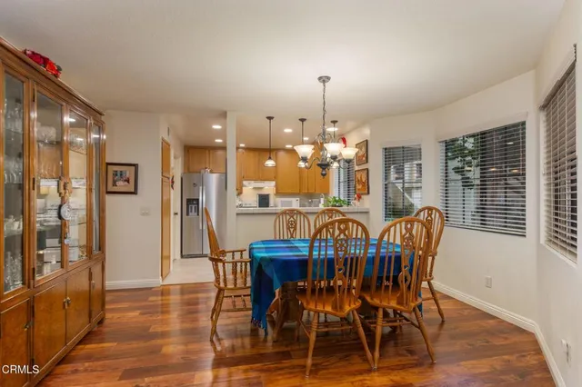 a view of a dining room with furniture